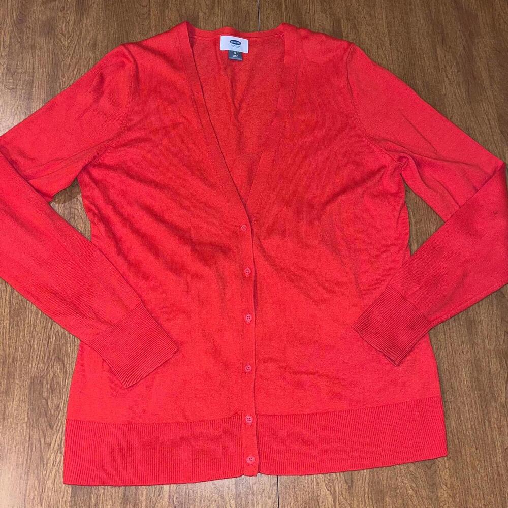 Old Navy Women's Red Cardigan Sweater Medium Knit Funky Bright Hot Tamale
